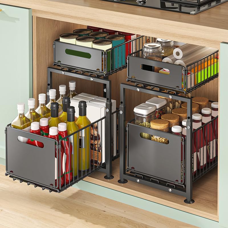 CARLA HOME 2- Pack Under Sink Organizer with Sliding Drawers & Height Adjustable for Kitchen Bathroom Cabinet Organization